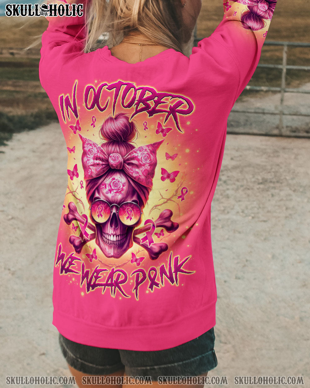 BLISSCORNERS FCK CANCER MESSY BUN SKULL TIE DYE BREAST CANCER ALL OVER PRINT