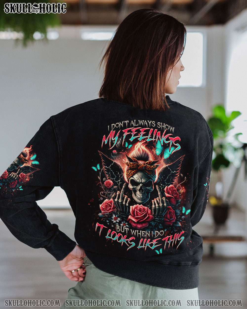 BLISSCORNERS I DON'T ALWAYS SHOW MY FEELINGS SKULL MESSY BUN ALL OVER PRINT