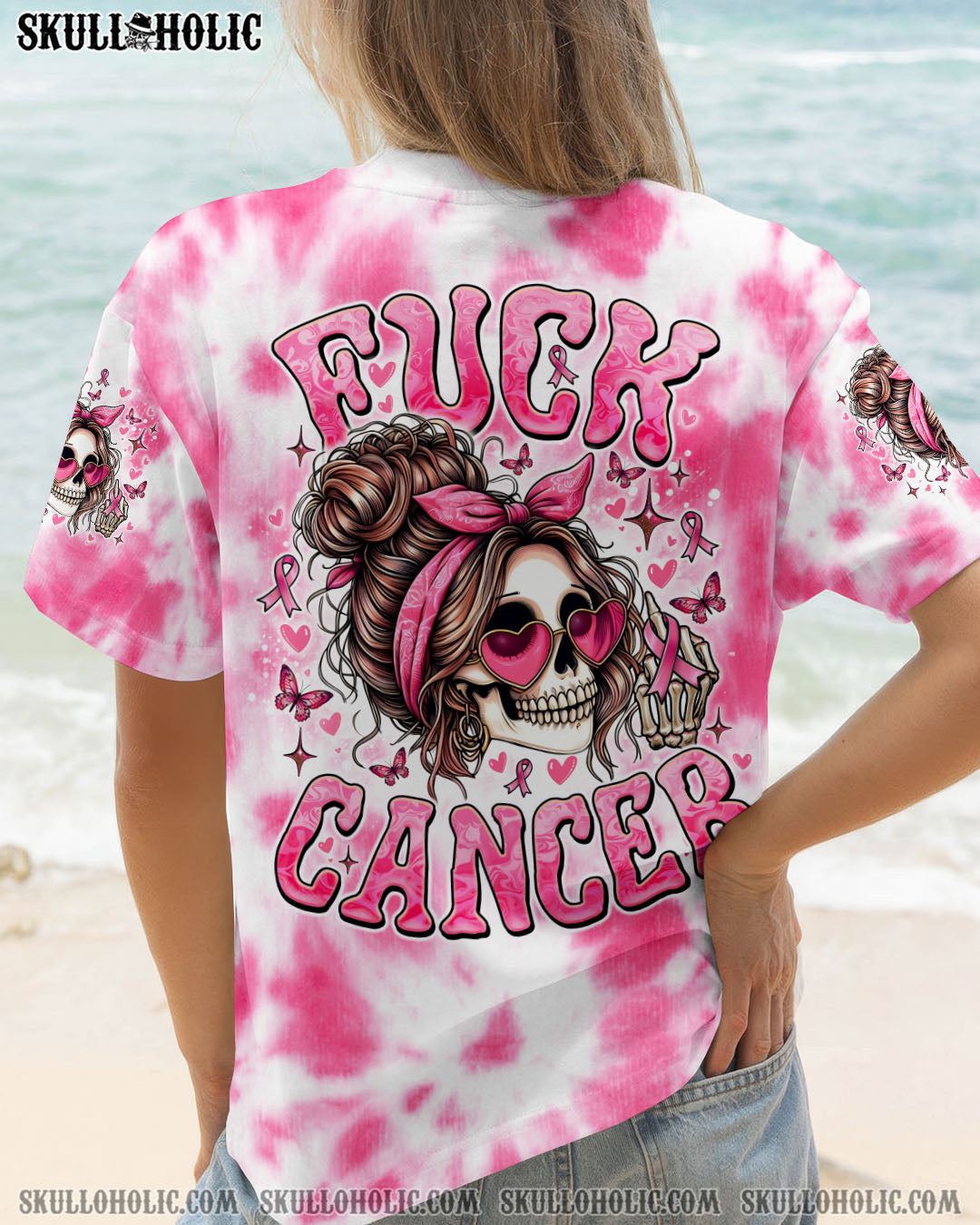 BLISSCORNERS FCK CANCER SKULL TIE DYE BREAST CANCER ALL OVER PRINT