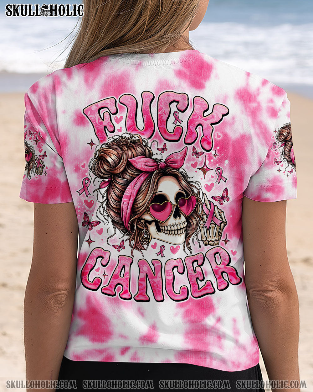 BLISSCORNERS FCK CANCER SKULL TIE DYE BREAST CANCER ALL OVER PRINT