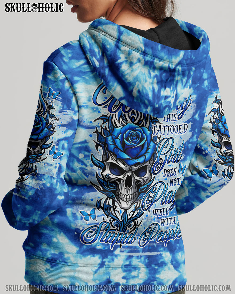 BLISSCORNERS WARNING THIS TATTOOED GIRL SKULL ROSE TIE DYE ALL OVER PRINT