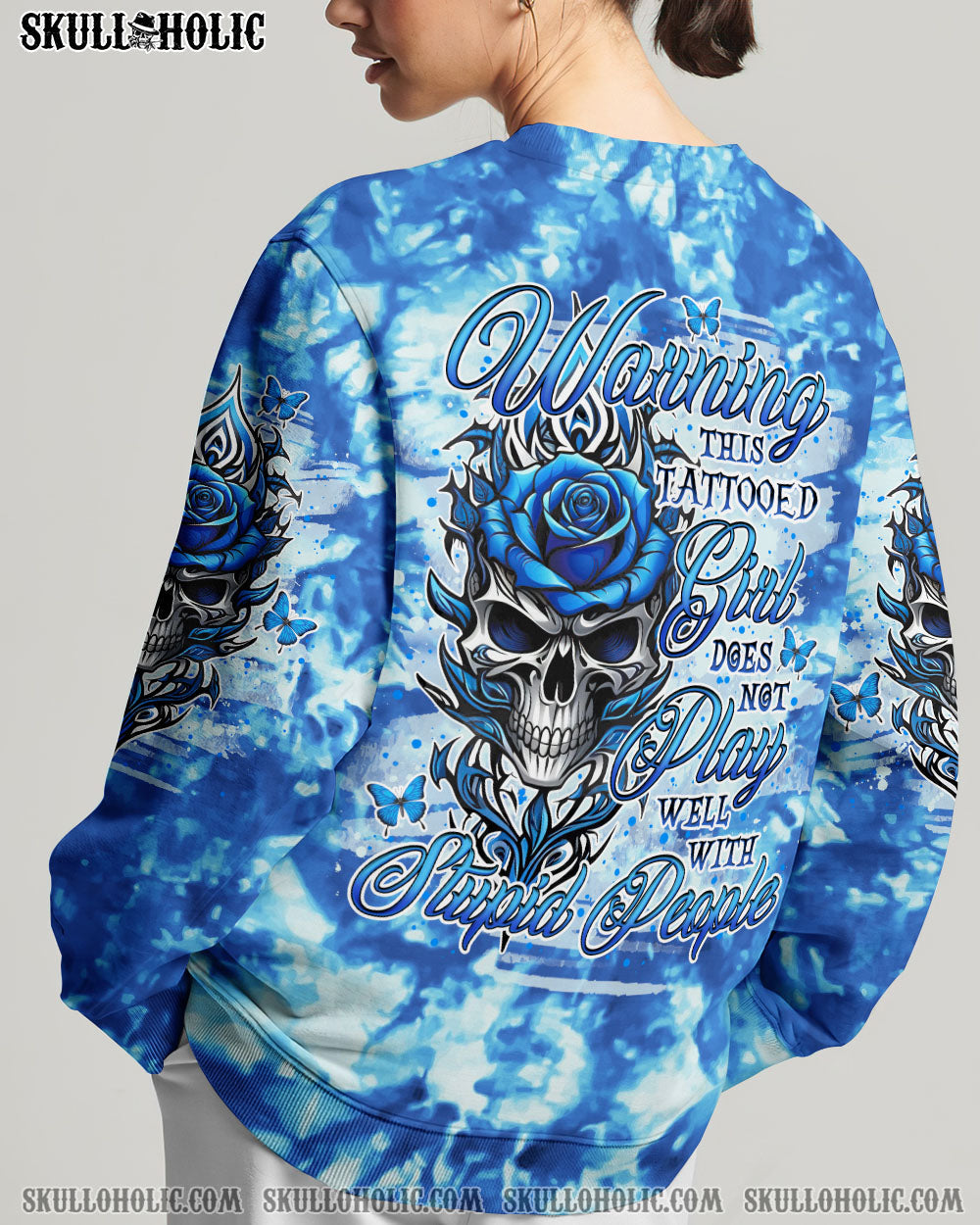 BLISSCORNERS WARNING THIS TATTOOED GIRL SKULL ROSE TIE DYE ALL OVER PRINT