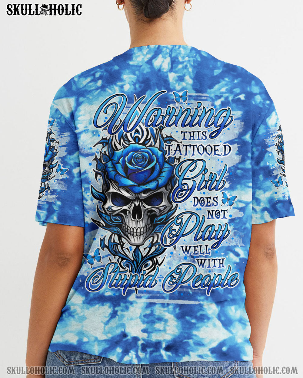 BLISSCORNERS WARNING THIS TATTOOED GIRL SKULL ROSE TIE DYE ALL OVER PRINT