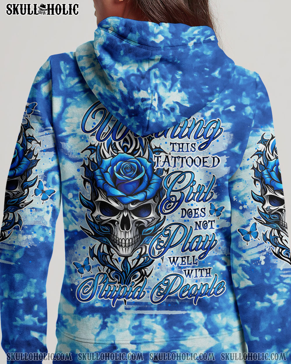 BLISSCORNERS WARNING THIS TATTOOED GIRL SKULL ROSE TIE DYE ALL OVER PRINT
