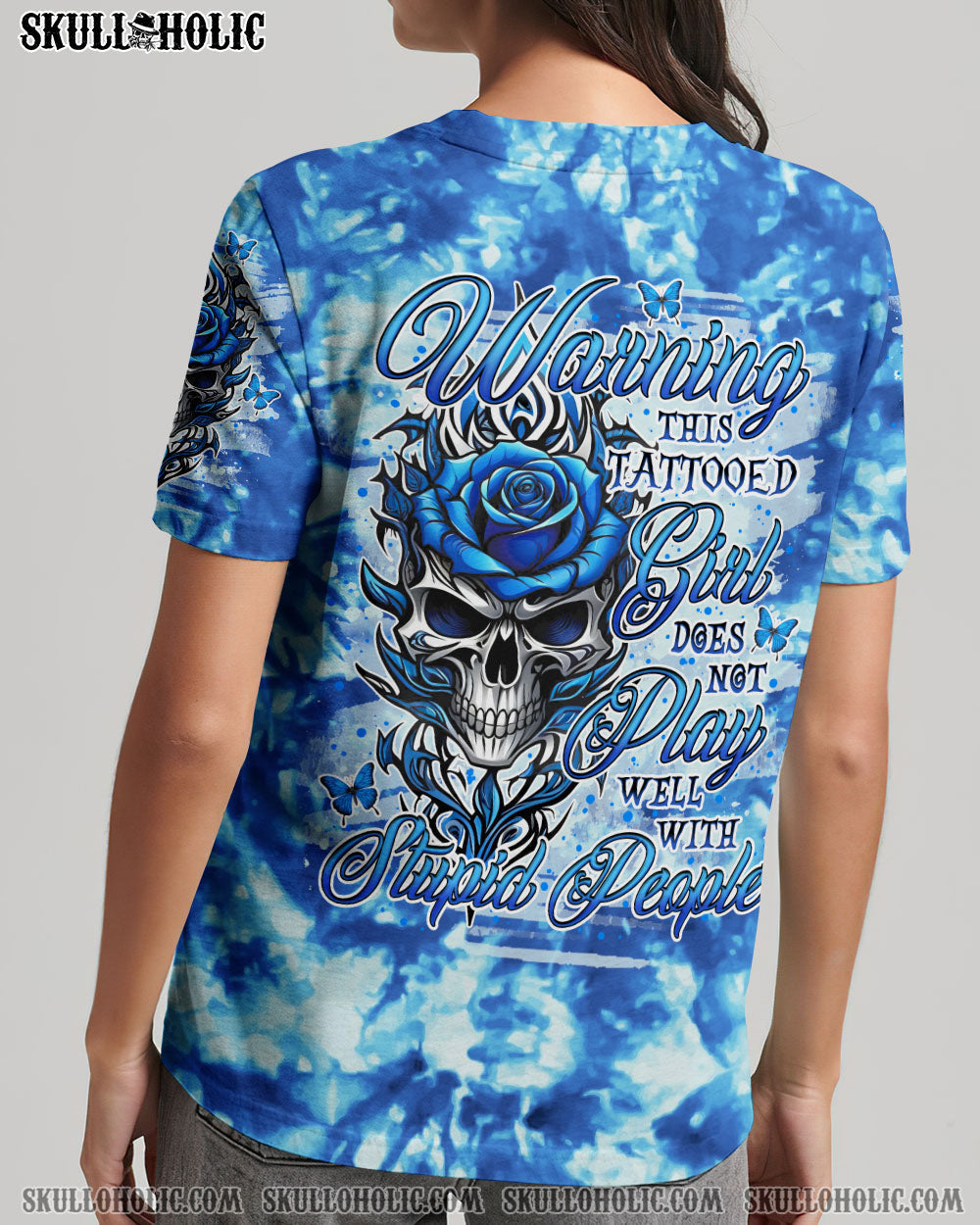 BLISSCORNERS WARNING THIS TATTOOED GIRL SKULL ROSE TIE DYE ALL OVER PRINT