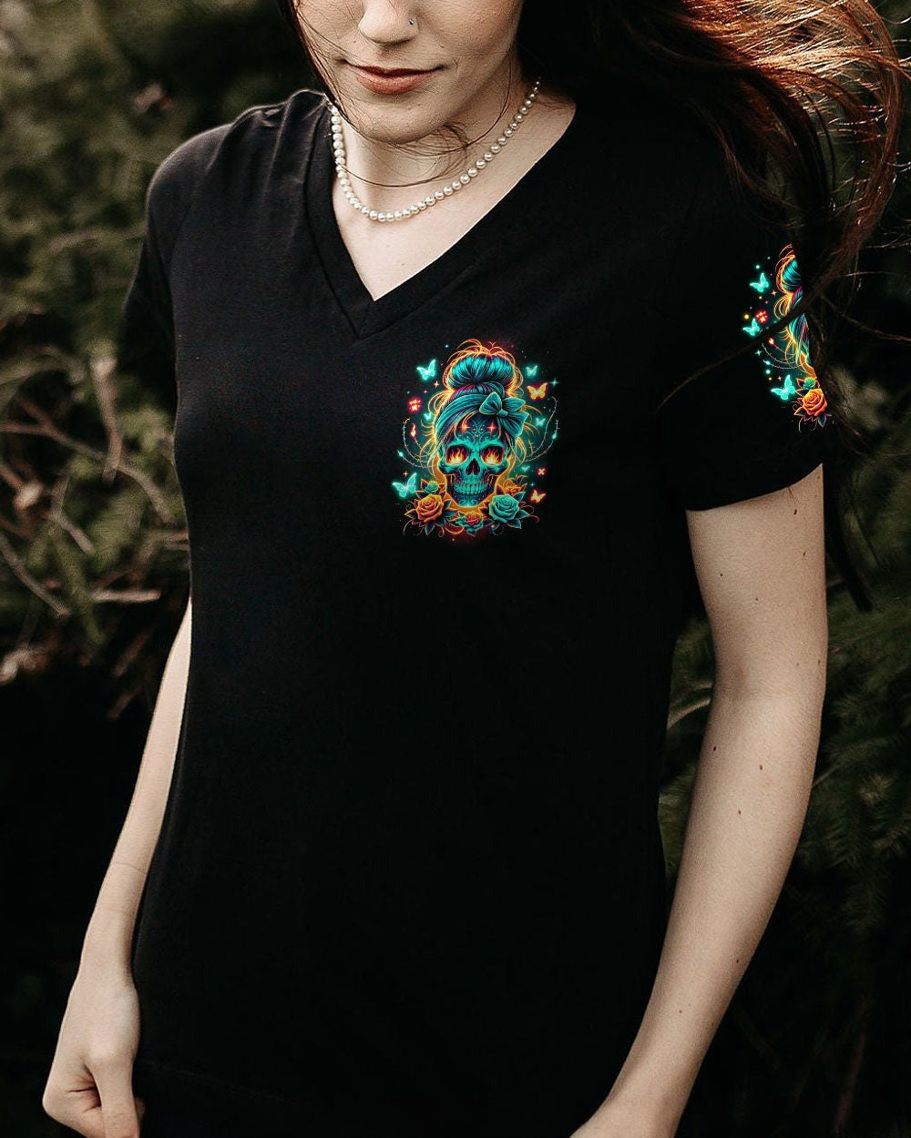 BLISSCORNERS ON THE NAUGHTY LIST SKULL MESSY BUN CHRISTMAS ALL OVER PRINT