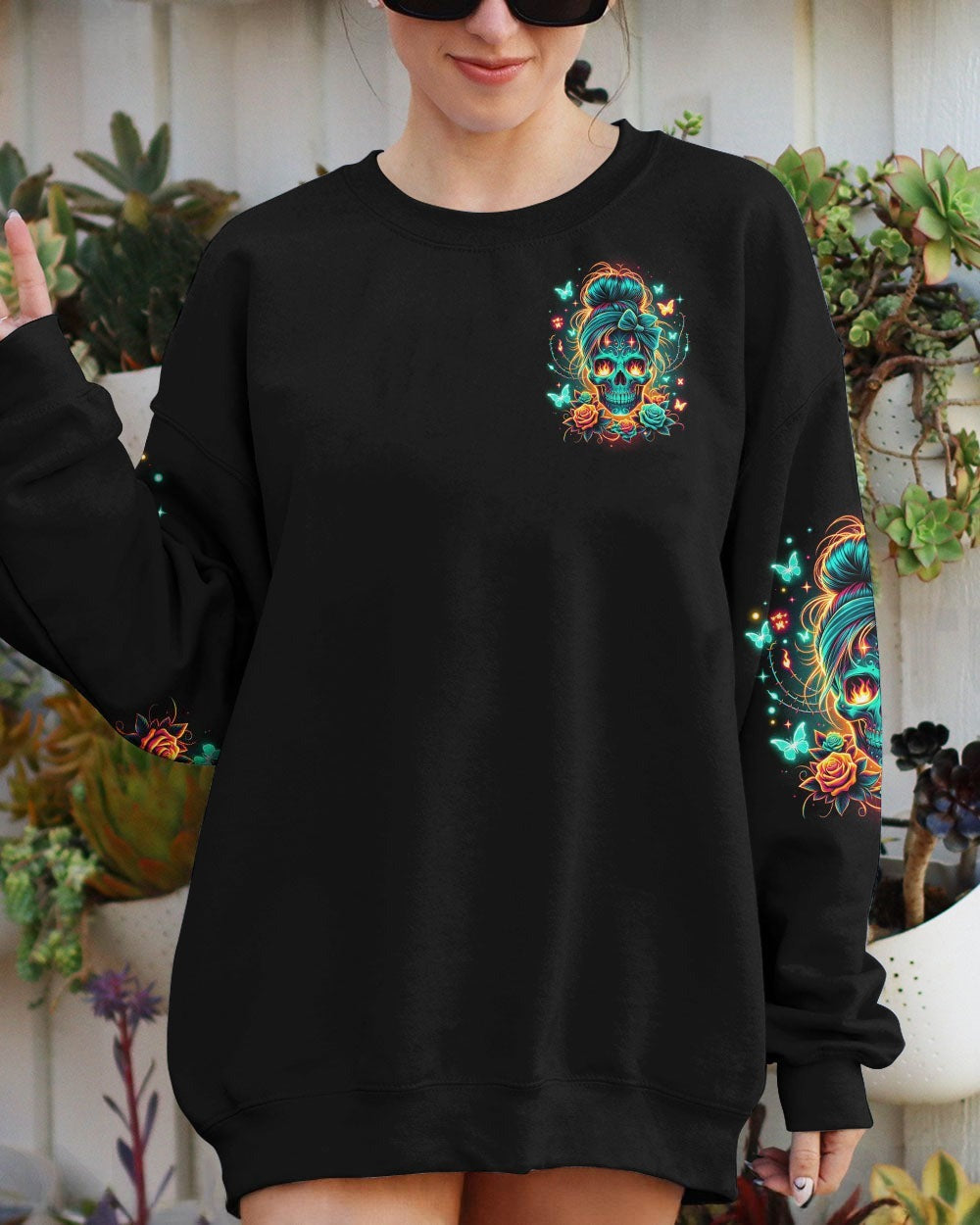 BLISSCORNERS ON THE NAUGHTY LIST SKULL MESSY BUN CHRISTMAS ALL OVER PRINT