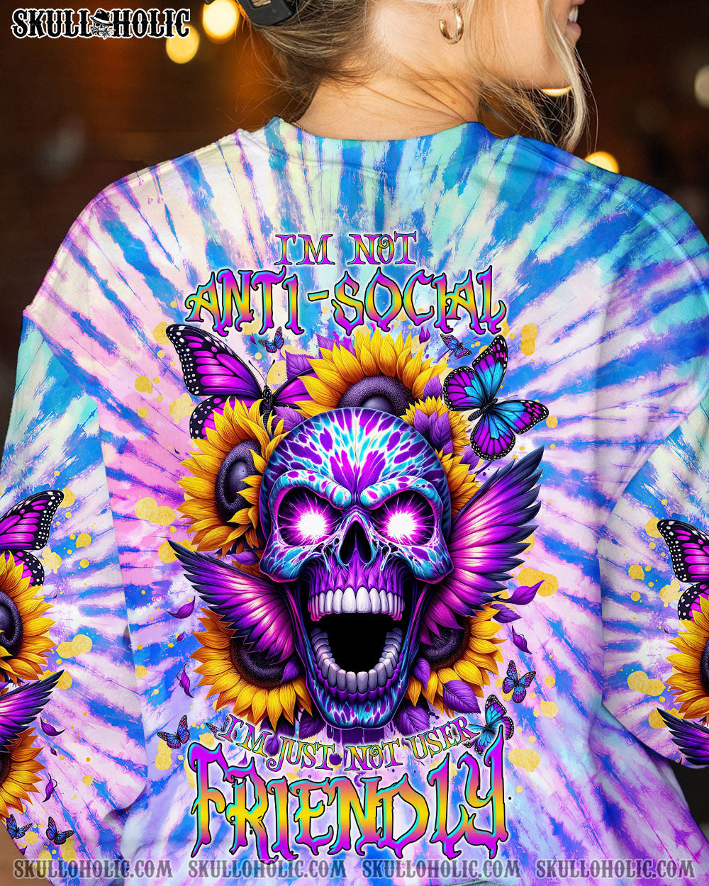 BLISSCORNERS I'M NOT ANTI-SOCIAL ANGRY SKULL SUNFLOWER ALL OVER PRINT