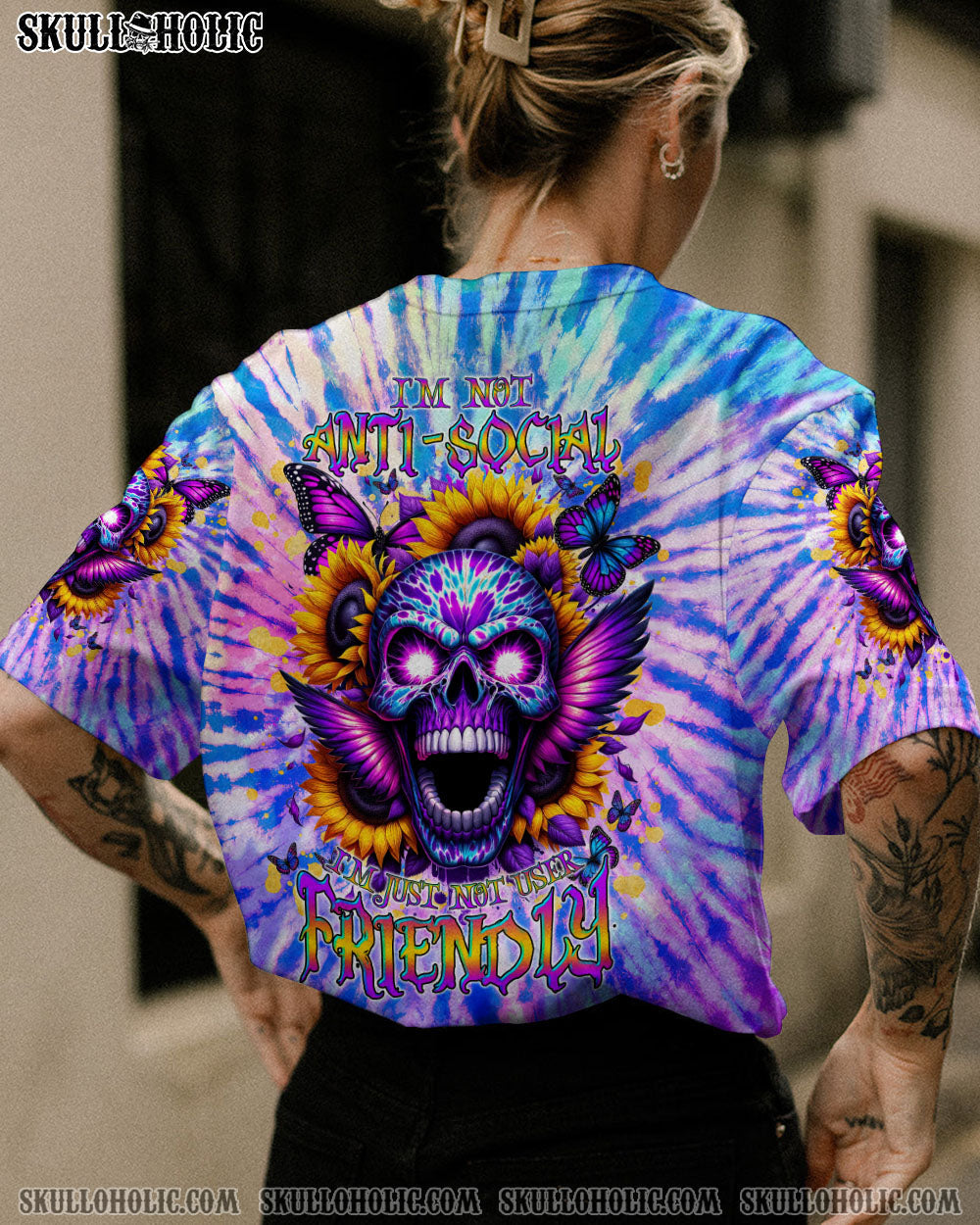 BLISSCORNERS I'M NOT ANTI-SOCIAL ANGRY SKULL SUNFLOWER ALL OVER PRINT