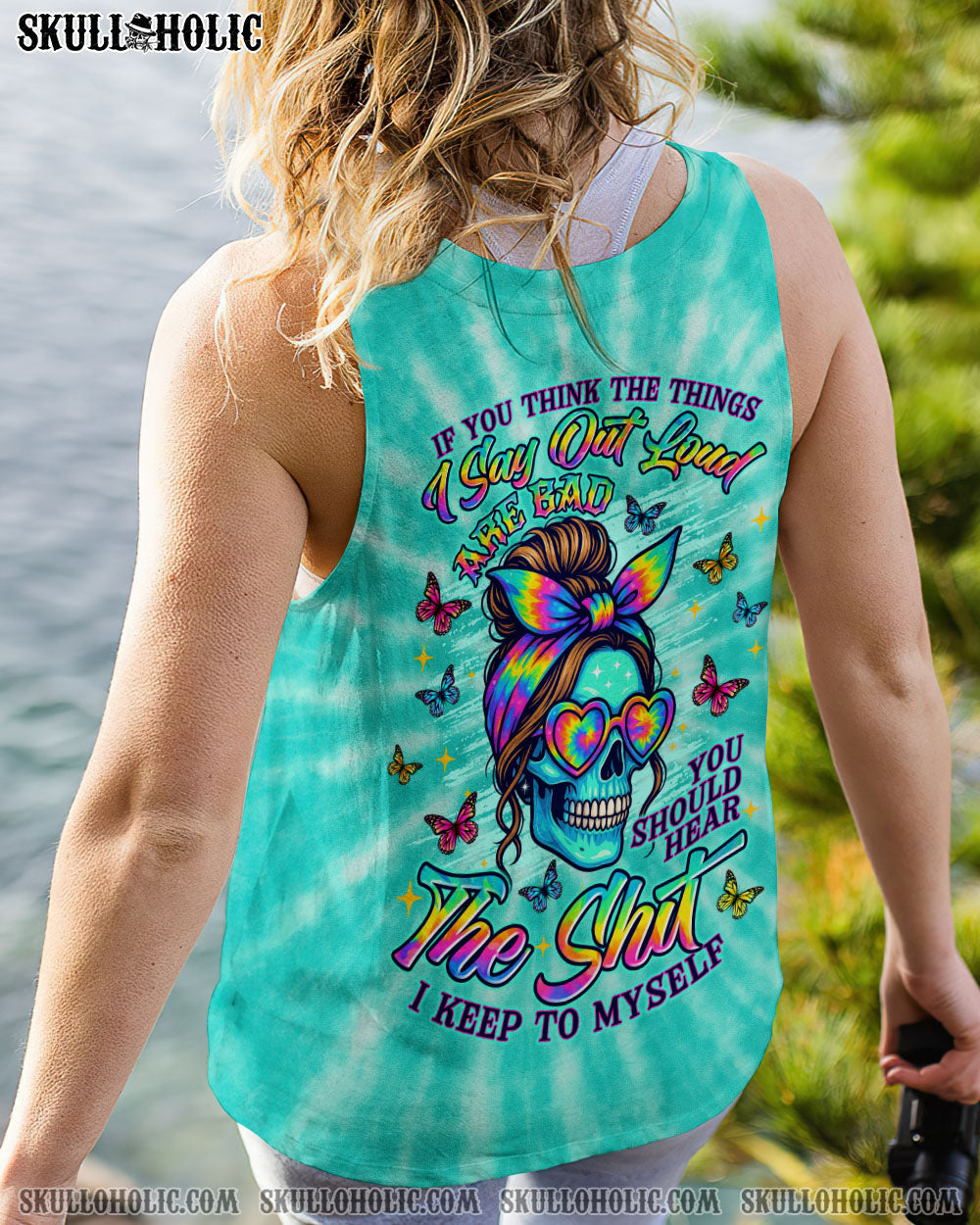 BLISSCORNERS IF YOU THINK THE THINGS I SAY OUT LOUD MESSY BUN SKULL TIE DYE ALL OVER PRINT