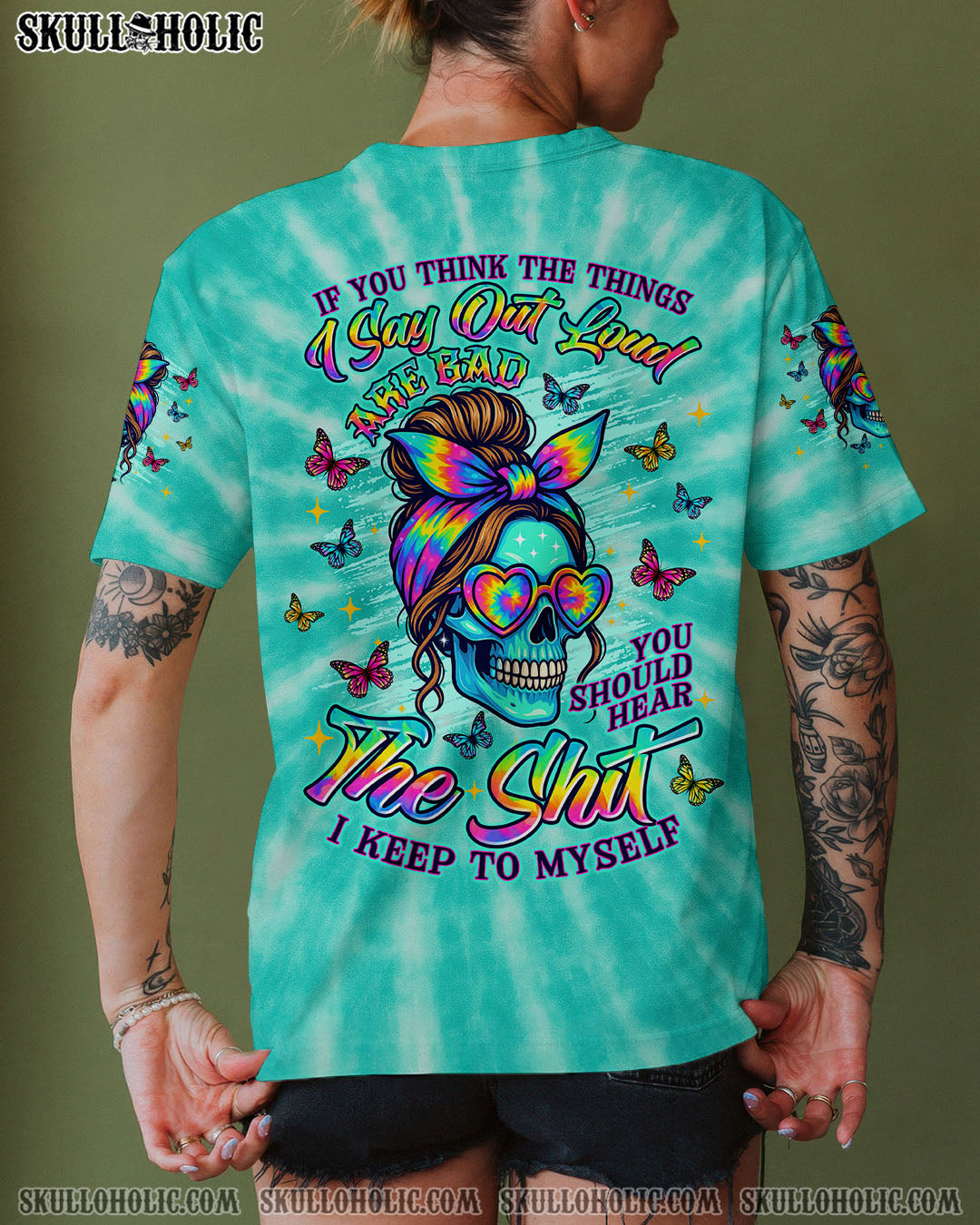 BLISSCORNERS IF YOU THINK THE THINGS I SAY OUT LOUD MESSY BUN SKULL TIE DYE ALL OVER PRINT
