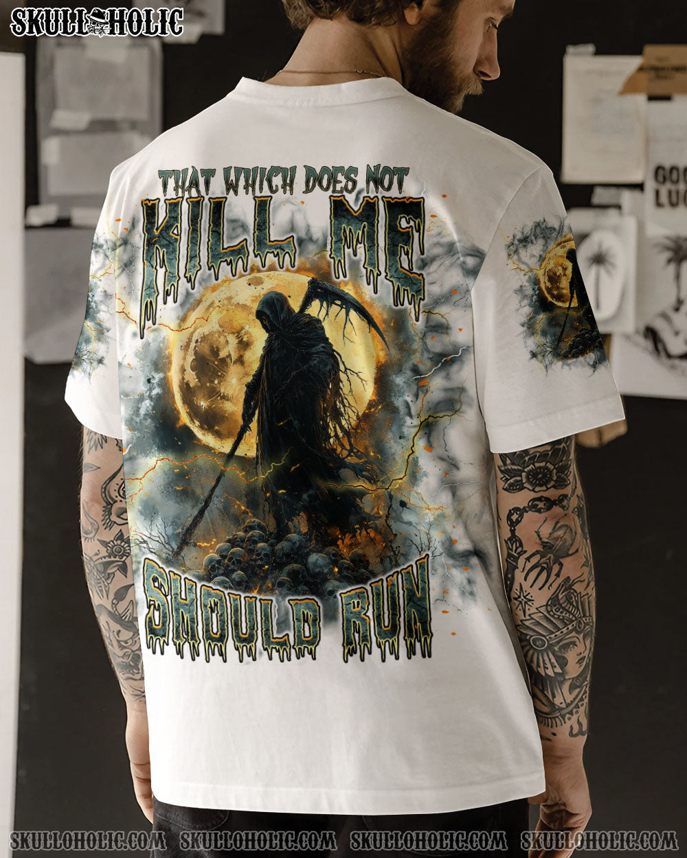 BLISSCORNERS THAT WHICH DOES NOT KILL ME SHOULD RUN SKULL  ALL OVER PRINT