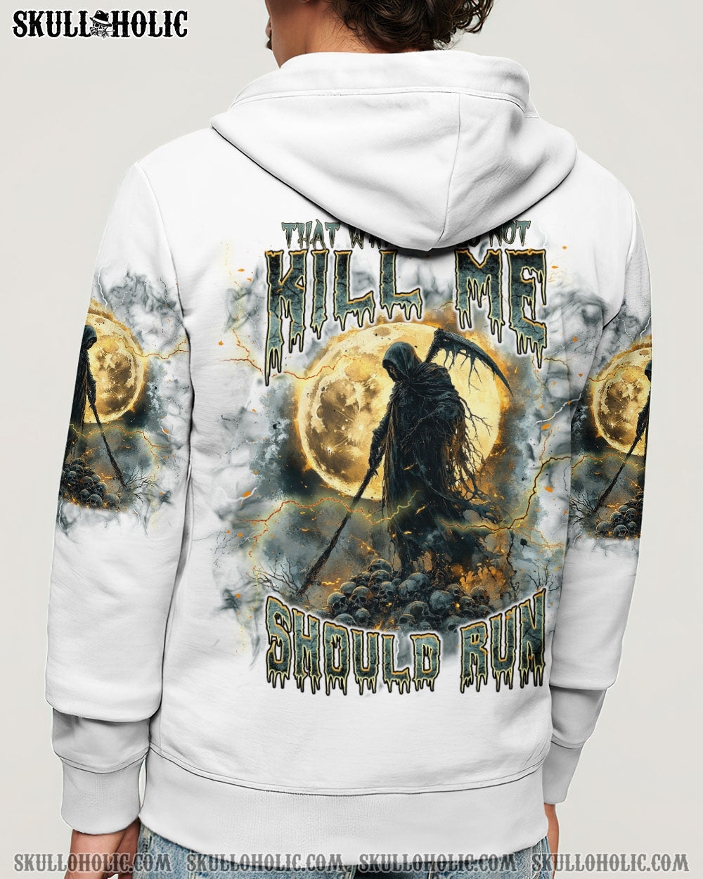 BLISSCORNERS THAT WHICH DOES NOT KILL ME SHOULD RUN SKULL  ALL OVER PRINT