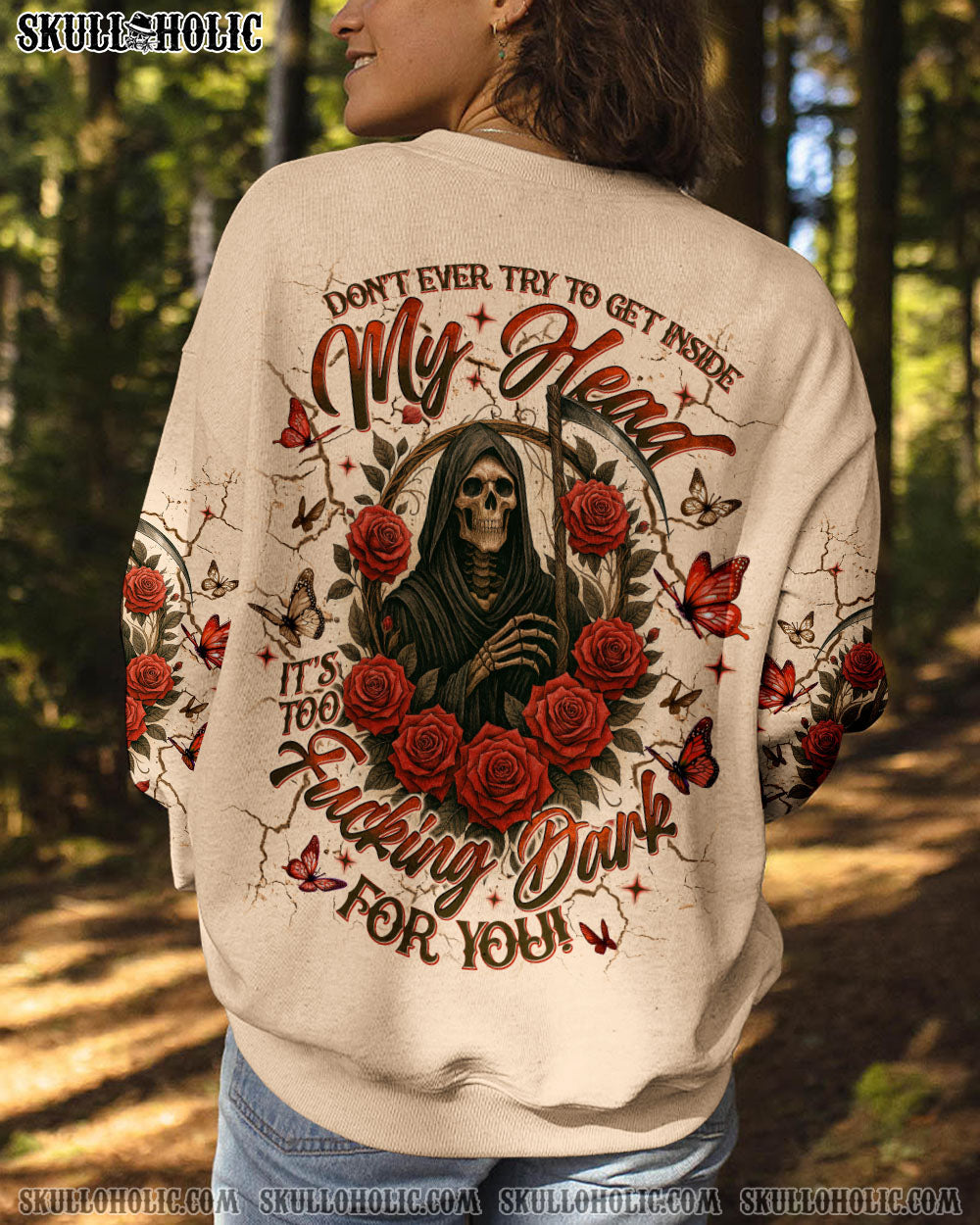 BLISSCORNERS DON'T EVER TRY TO GET INSIDE MY HEAD REAPER SKULL ALL OVER PRINT