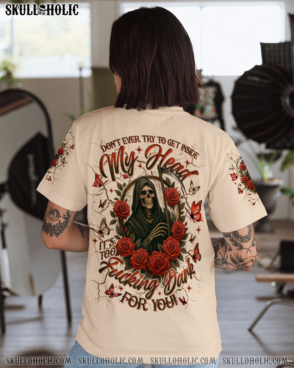 BLISSCORNERS DON'T EVER TRY TO GET INSIDE MY HEAD REAPER SKULL ALL OVER PRINT