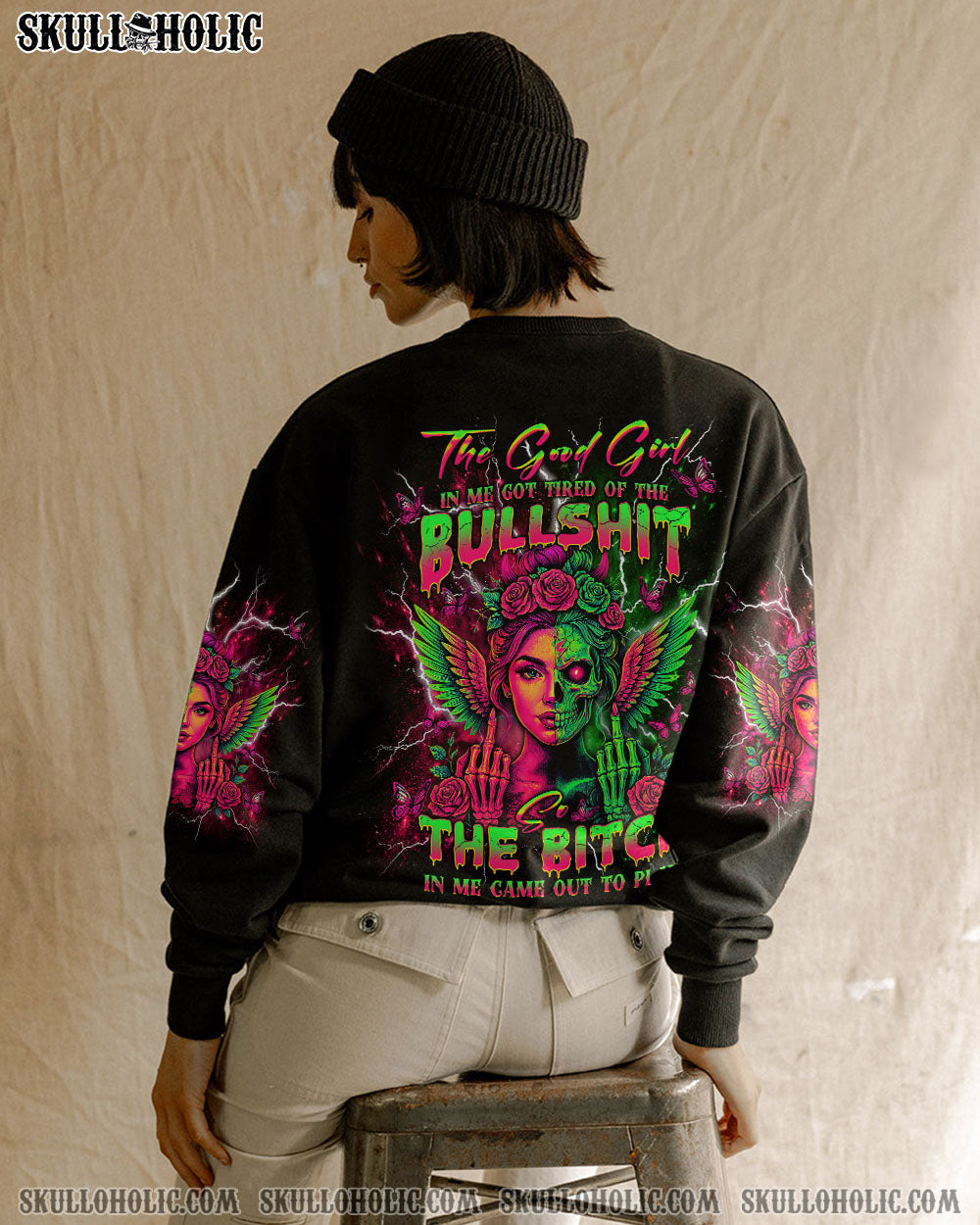 BLISSCORNERS THE GOOD GIRL IN ME GOT TIRED SKULL HALF FACE ALL OVER PRINT