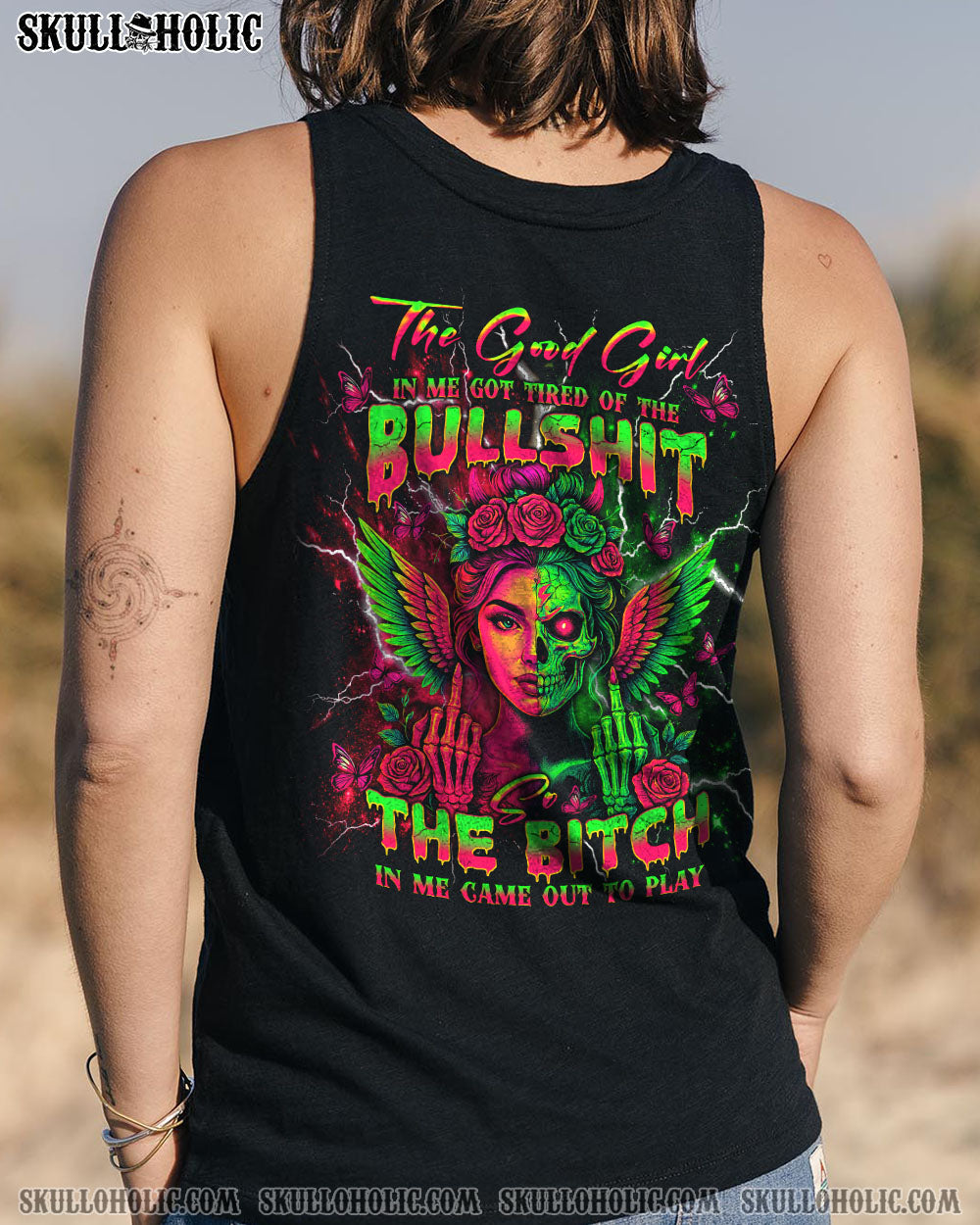 BLISSCORNERS THE GOOD GIRL IN ME GOT TIRED SKULL HALF FACE ALL OVER PRINT