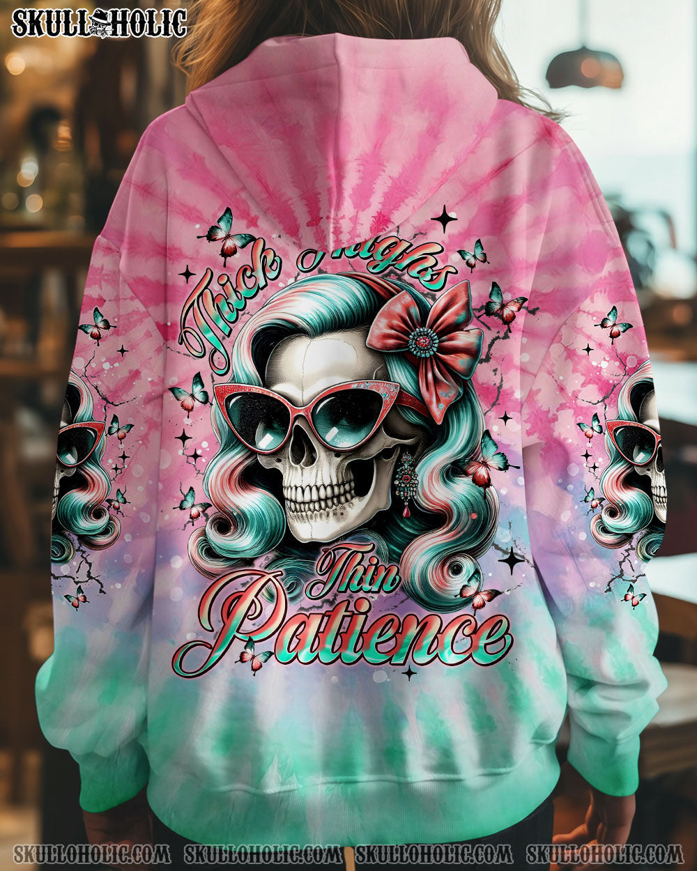 BLISSCORNERS THICK THIGHS THIN PATIENCE SKULL TIE DYE ALL OVER PRINT