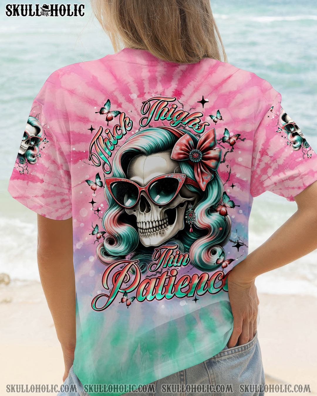 BLISSCORNERS THICK THIGHS THIN PATIENCE SKULL TIE DYE ALL OVER PRINT