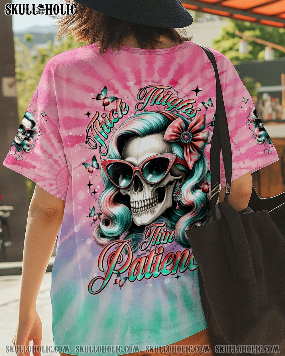 BLISSCORNERS THICK THIGHS THIN PATIENCE SKULL TIE DYE ALL OVER PRINT