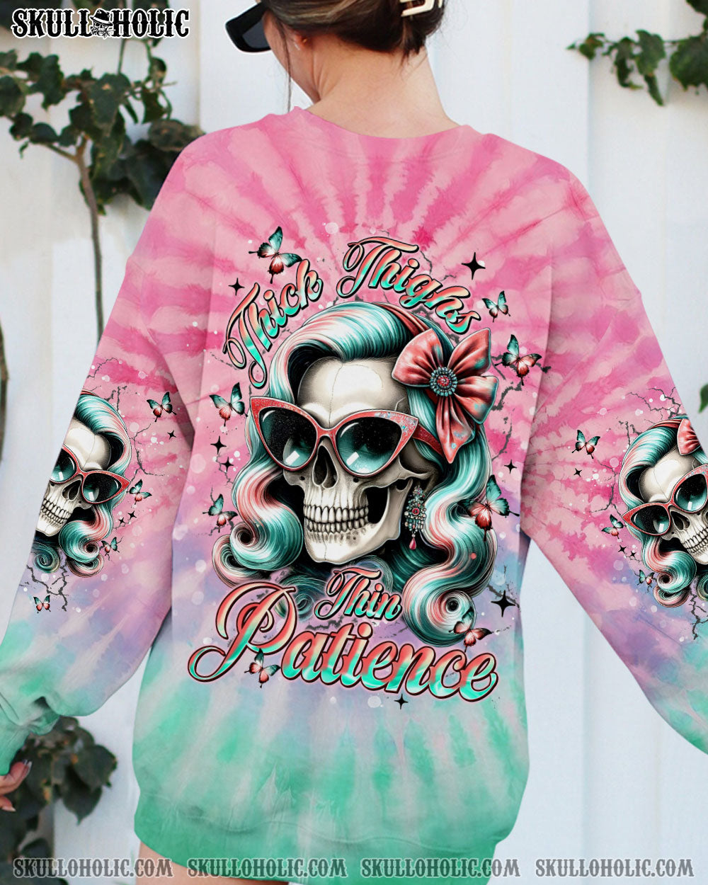 BLISSCORNERS THICK THIGHS THIN PATIENCE SKULL TIE DYE ALL OVER PRINT