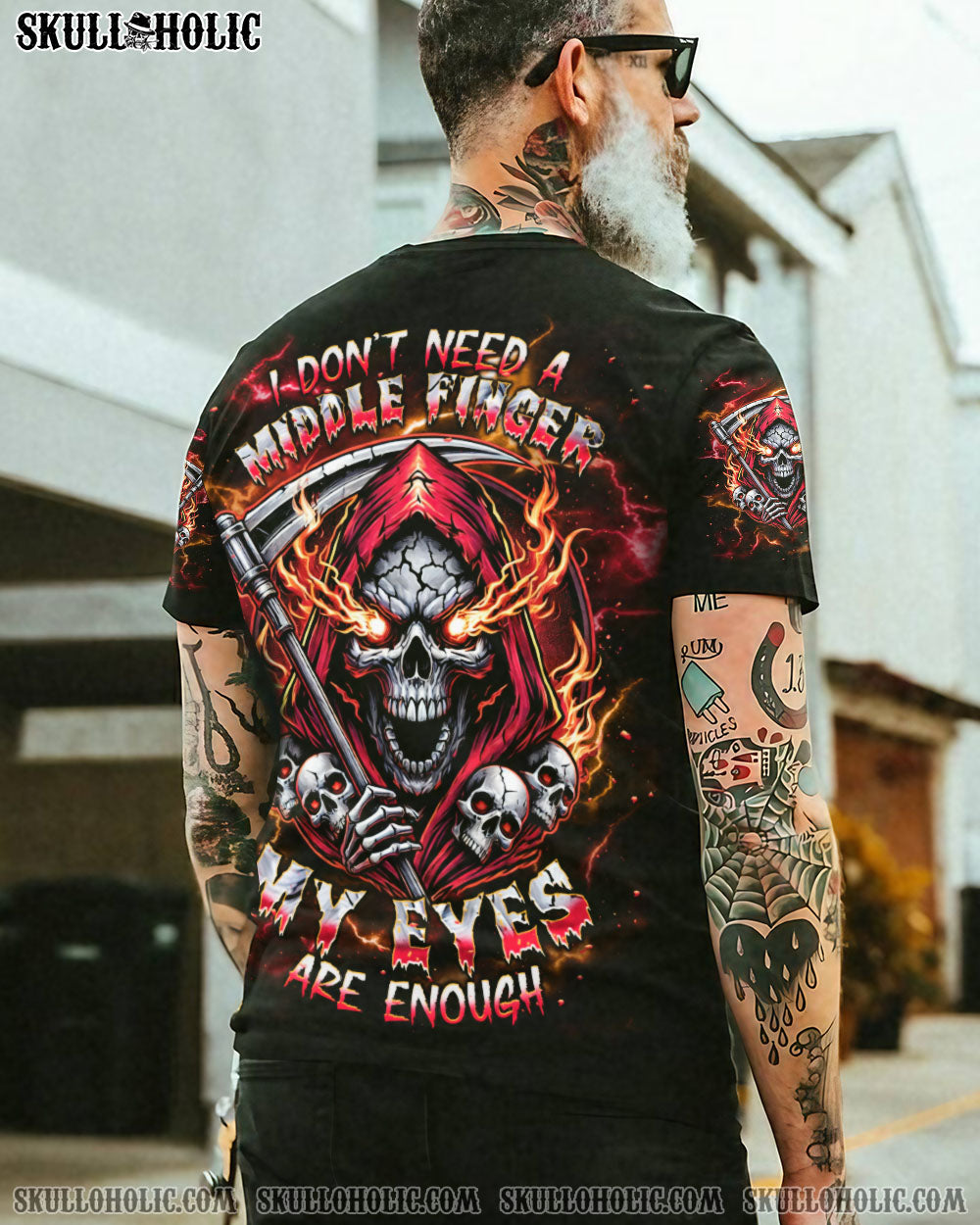BLISSCORNERS I DON'T NEED A MIDDLE FINGER SKULL REAPER TIE DYE  ALL OVER PRINT