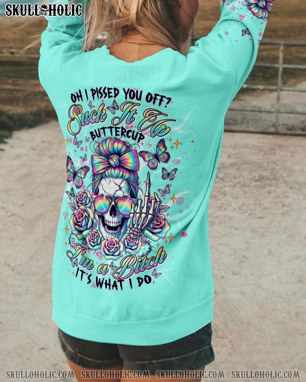 BLISSCORNERS THE GOOD IN ME GOT TIRED MESSY BUN SKULL ALL OVER PRINT
