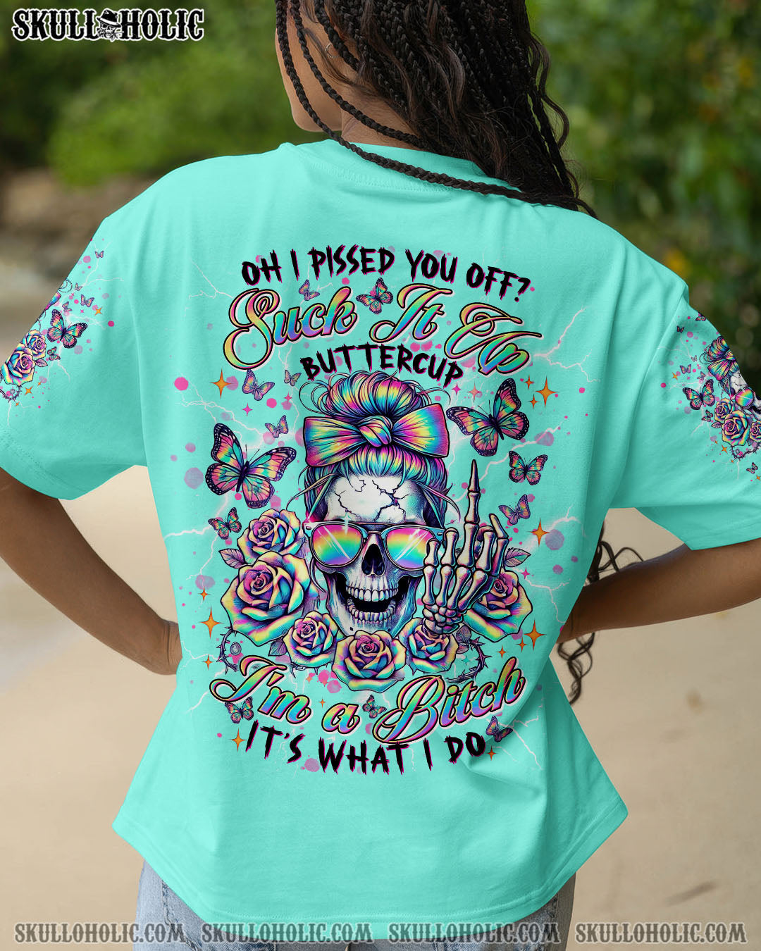 BLISSCORNERS THE GOOD IN ME GOT TIRED MESSY BUN SKULL ALL OVER PRINT