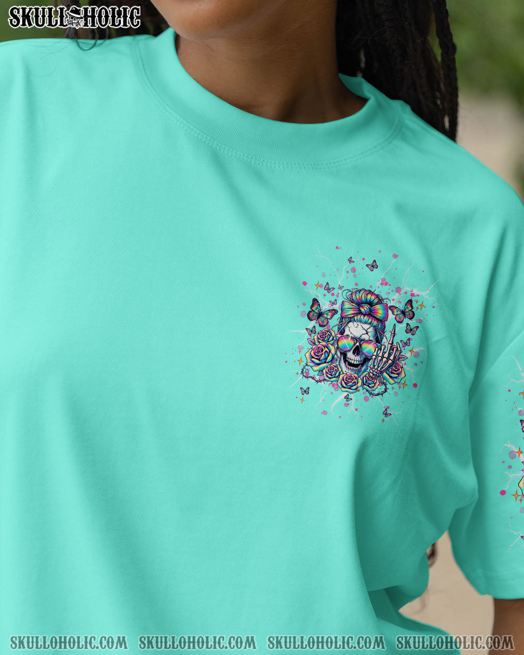 BLISSCORNERS THE GOOD IN ME GOT TIRED MESSY BUN SKULL ALL OVER PRINT