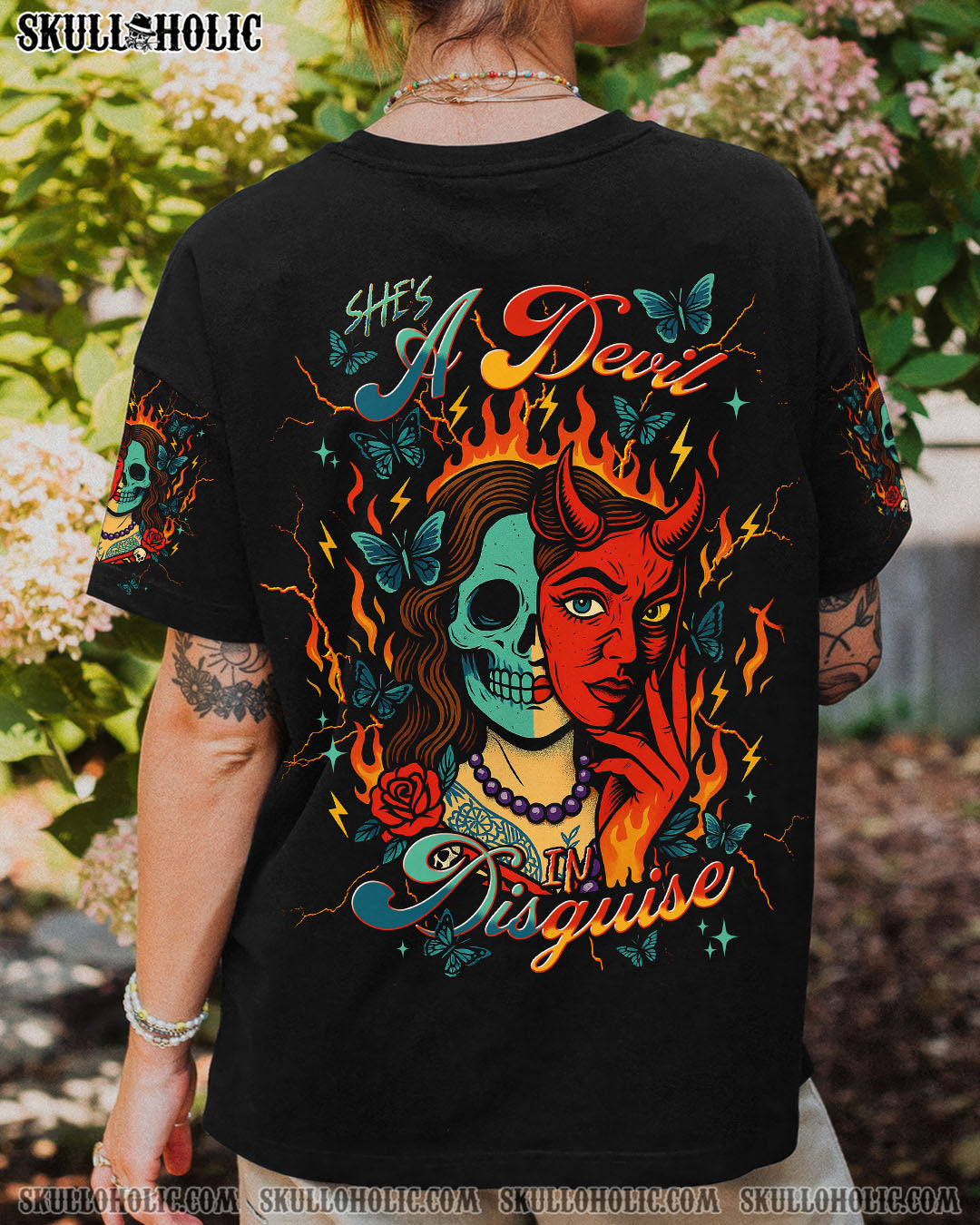 BLISSCORNERS SHE'S A DEVIL IN DISGUISE SKULL LADY ALL OVER PRINT