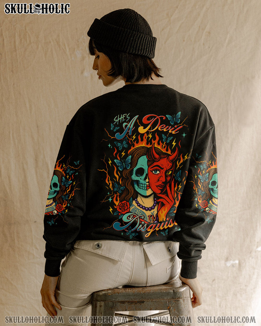 BLISSCORNERS SHE'S A DEVIL IN DISGUISE SKULL LADY ALL OVER PRINT
