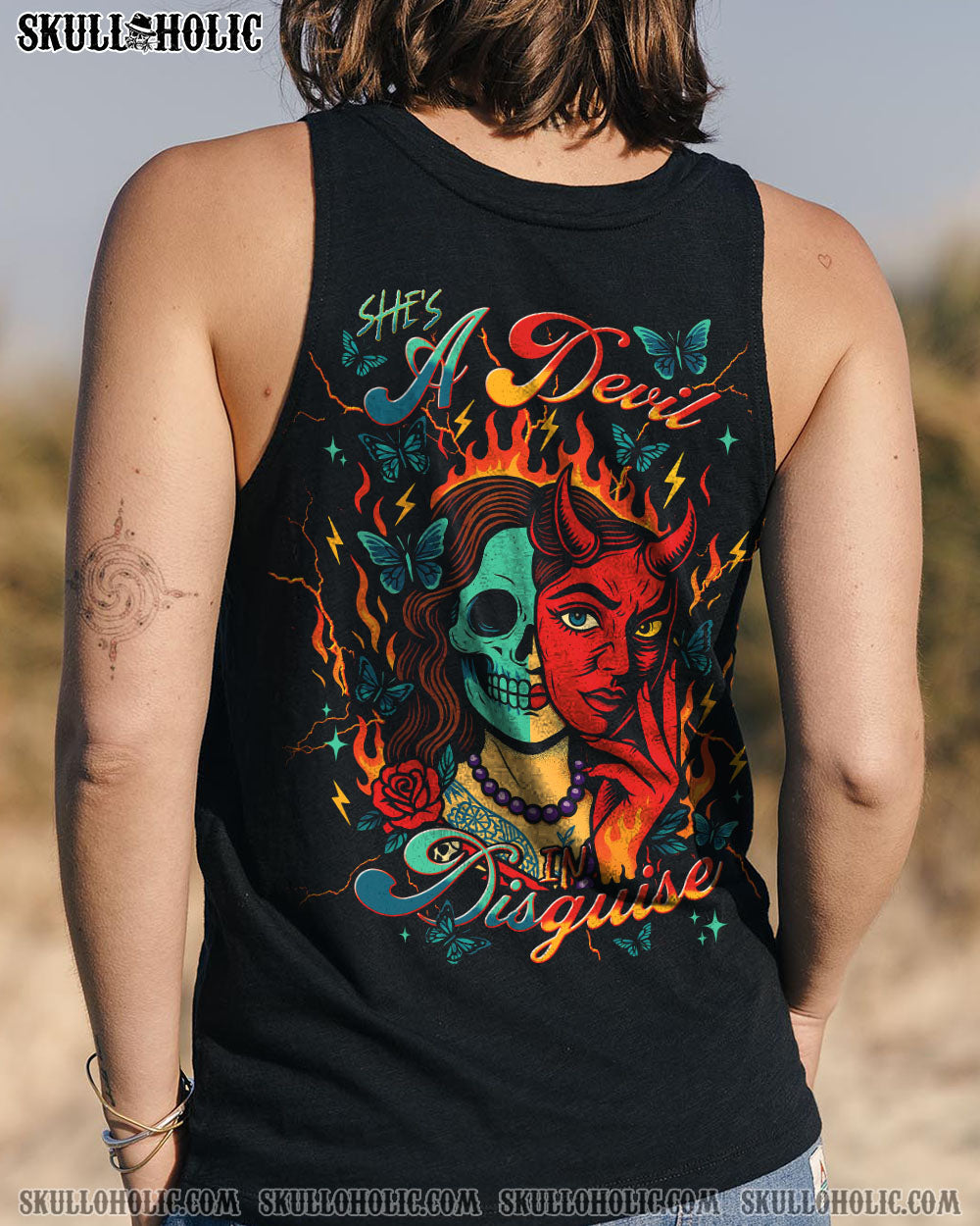 BLISSCORNERS SHE'S A DEVIL IN DISGUISE SKULL LADY ALL OVER PRINT