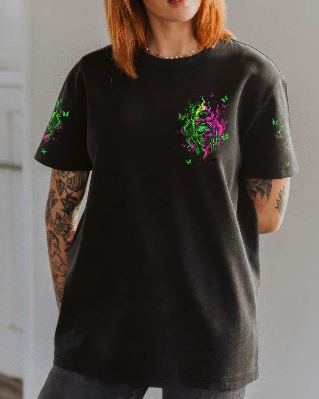 BLISSCORNERS IN OCTOBER WE WEAR PINK MESSY BUN SKULL BREAST CANCER   ALL OVER PRINT