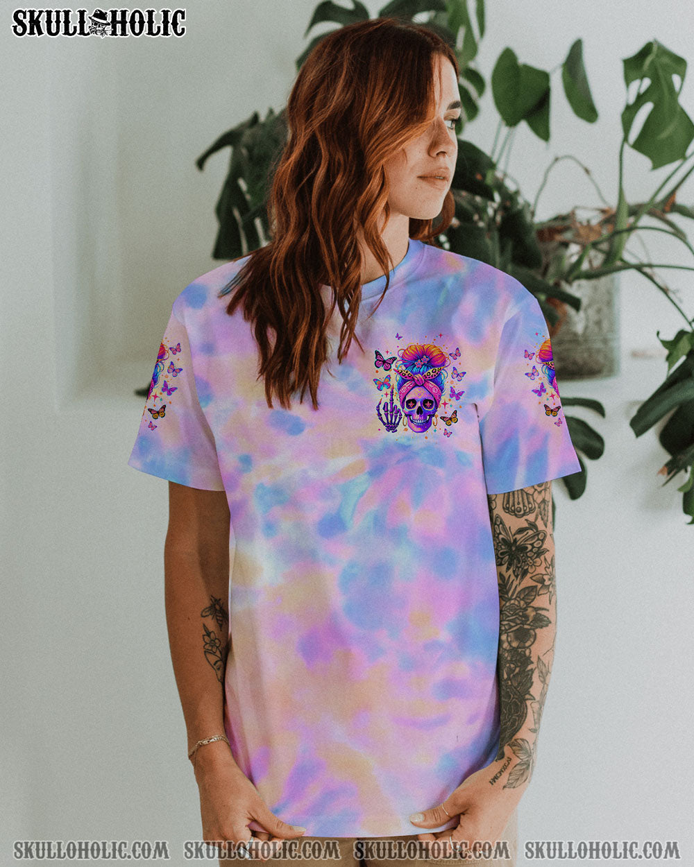 BLISSCORNERS DON'T TRY TO FIGURE ME OUT SKULL MESSY BUN TIE DYE ALL OVER PRINT