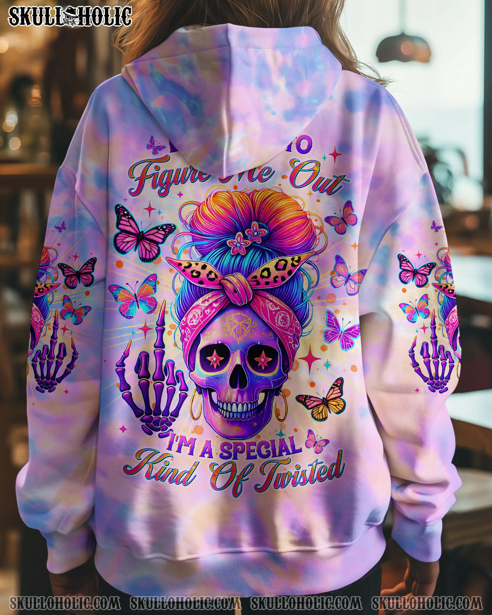 BLISSCORNERS DON'T TRY TO FIGURE ME OUT SKULL MESSY BUN TIE DYE ALL OVER PRINT