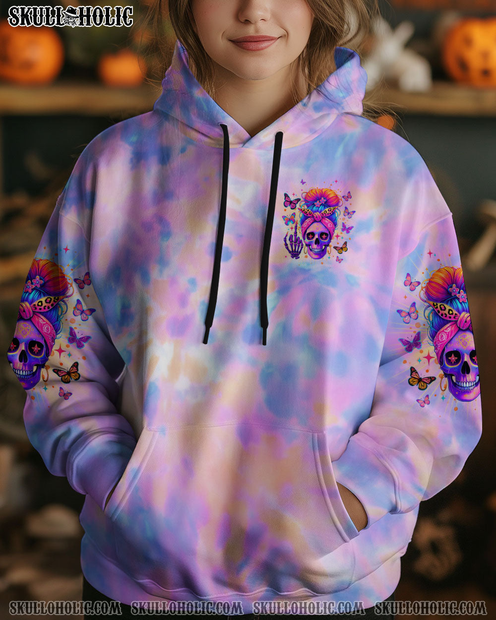 BLISSCORNERS DON'T TRY TO FIGURE ME OUT SKULL MESSY BUN TIE DYE ALL OVER PRINT