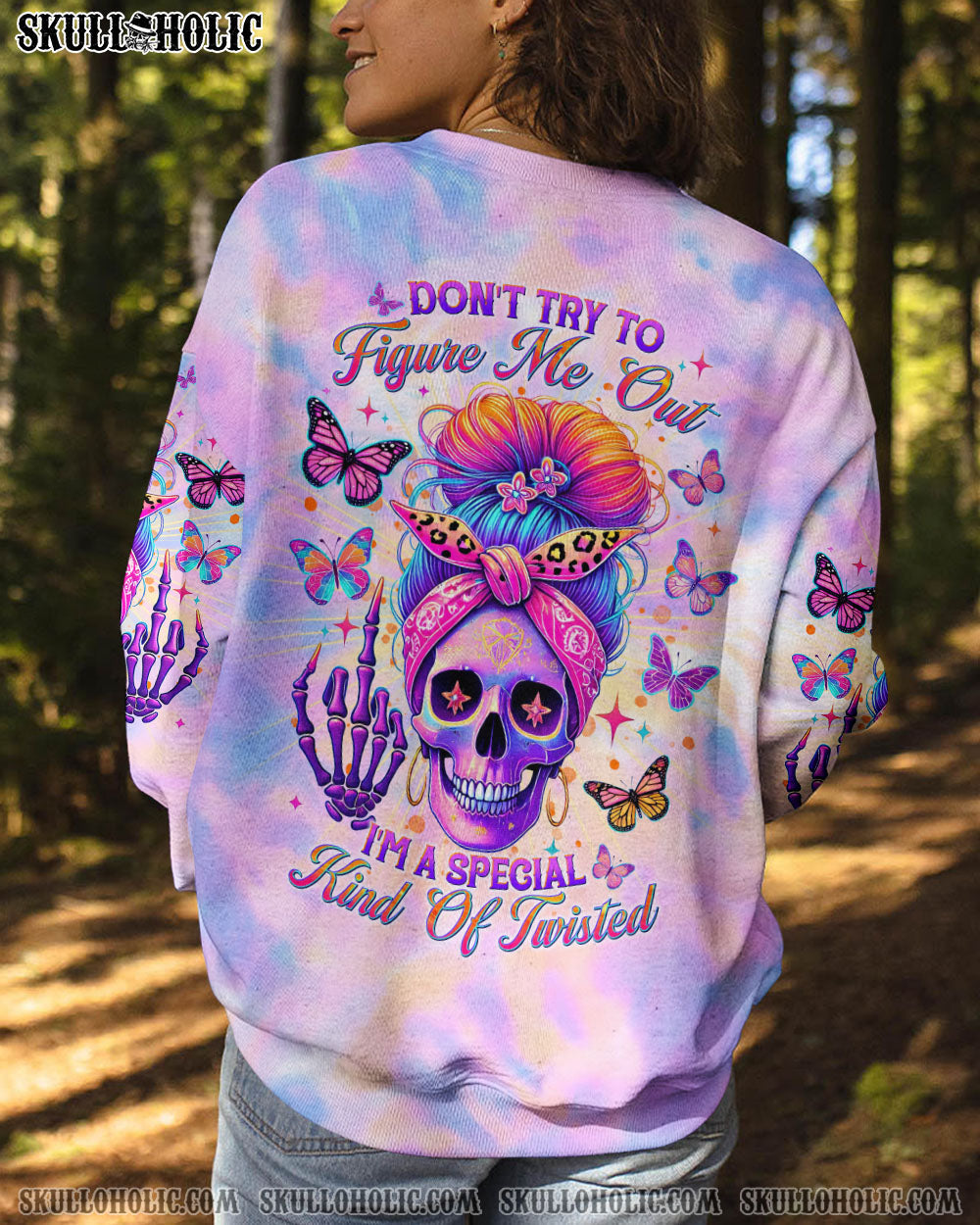 BLISSCORNERS DON'T TRY TO FIGURE ME OUT SKULL MESSY BUN TIE DYE ALL OVER PRINT