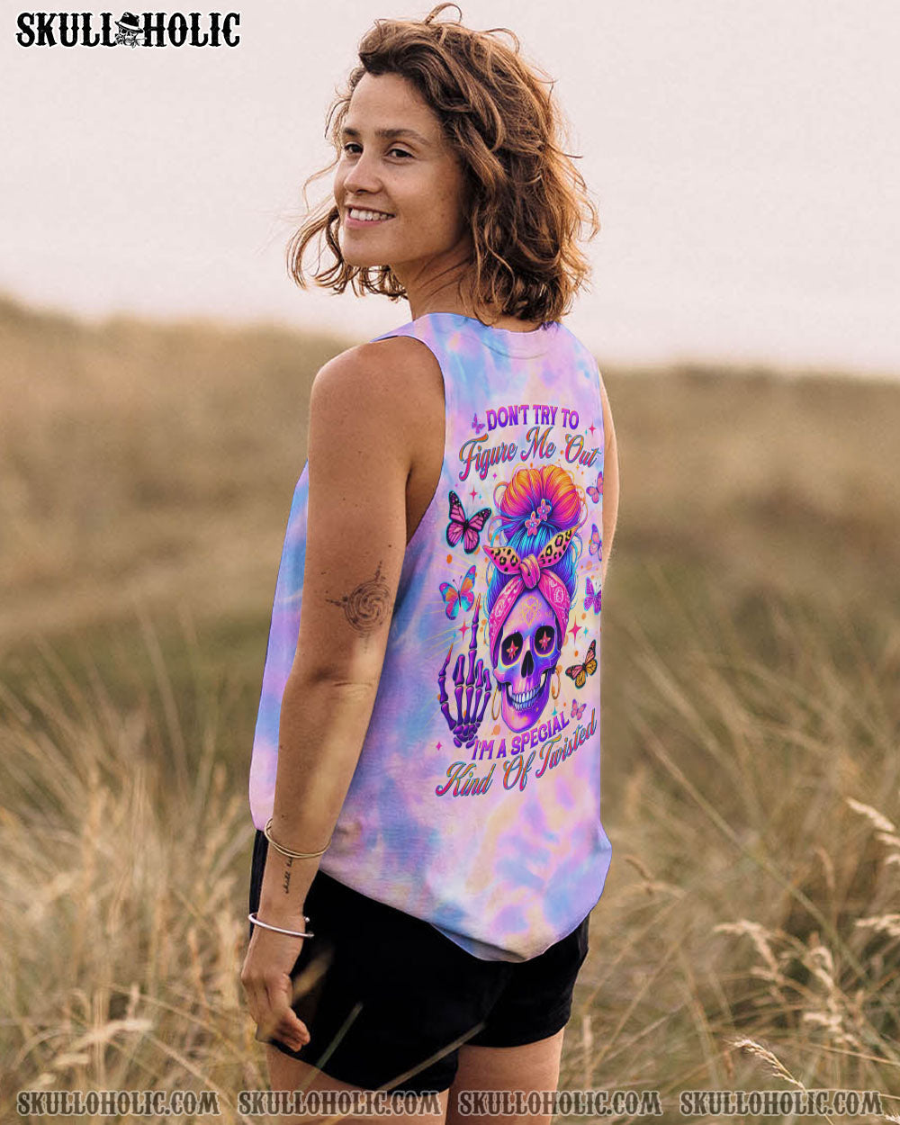 BLISSCORNERS DON'T TRY TO FIGURE ME OUT SKULL MESSY BUN TIE DYE ALL OVER PRINT