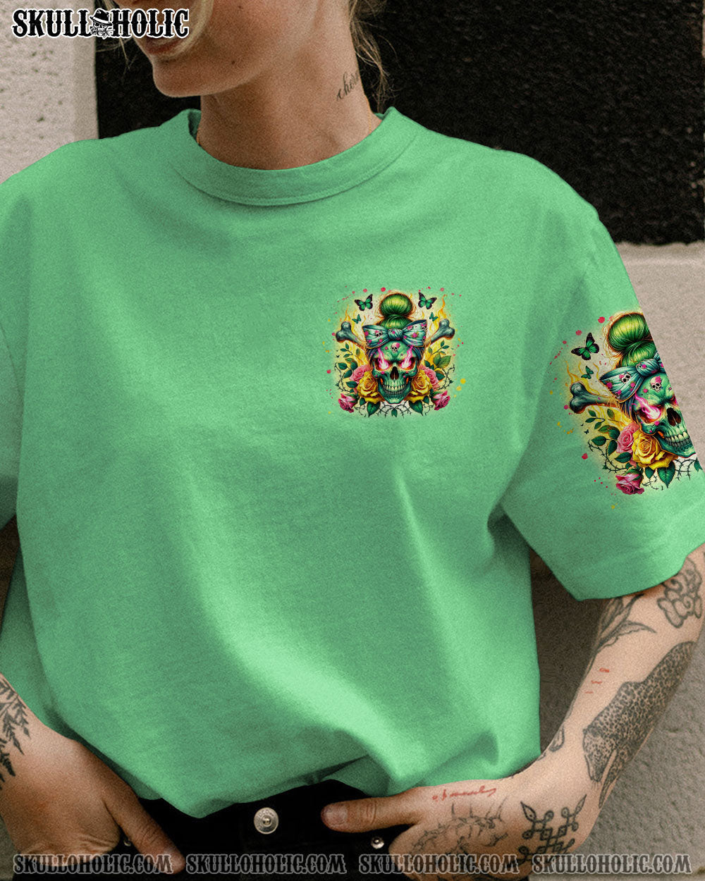BLISSCORNERS THE GOOD GIRL IN ME MESSY BUN SKULL ALL OVER PRINT