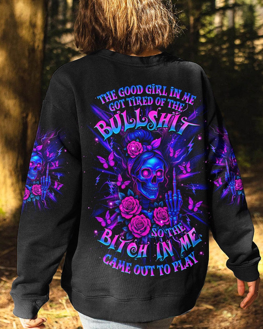 BLISSCORNERS THE GOOD GIRL IN ME SKULL LADY MESSY BUN   ALL OVER PRINT