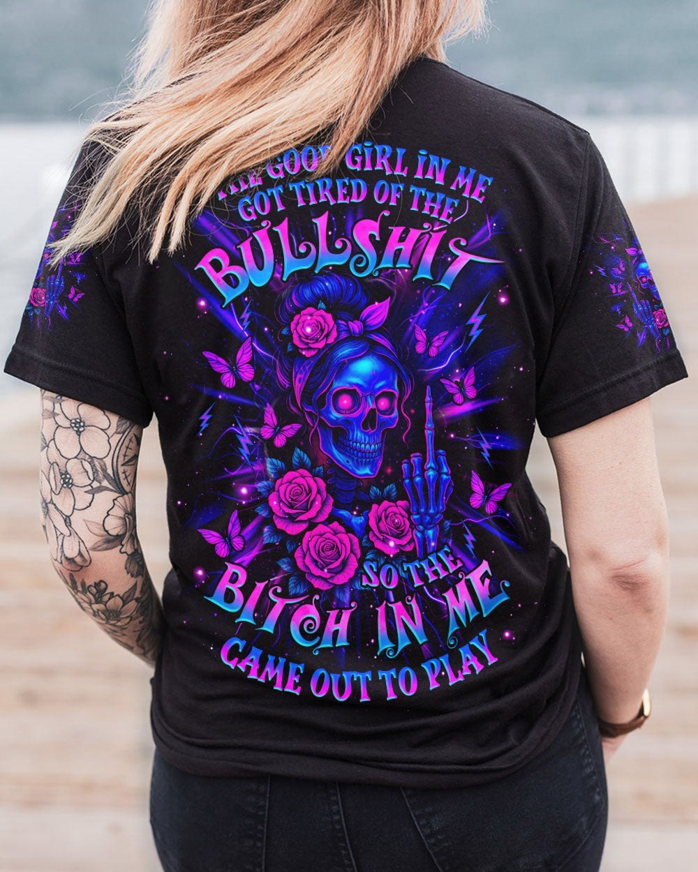 BLISSCORNERS THE GOOD GIRL IN ME SKULL LADY MESSY BUN   ALL OVER PRINT