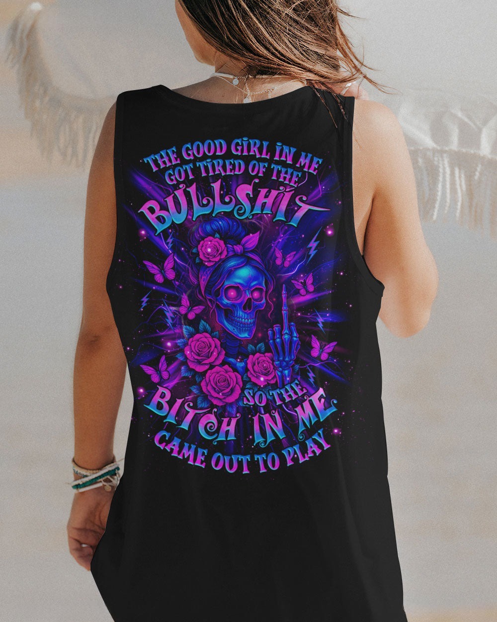 BLISSCORNERS THE GOOD GIRL IN ME SKULL LADY MESSY BUN   ALL OVER PRINT