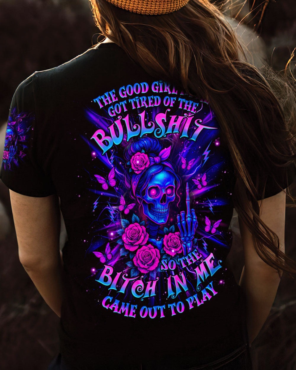 BLISSCORNERS THE GOOD GIRL IN ME SKULL LADY MESSY BUN   ALL OVER PRINT