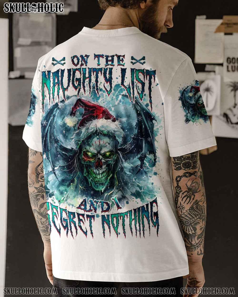 BLISSCORNERS ON THE NAUGHTY LIST SKULL WINGS CHRISTMAS ALL OVER PRINT