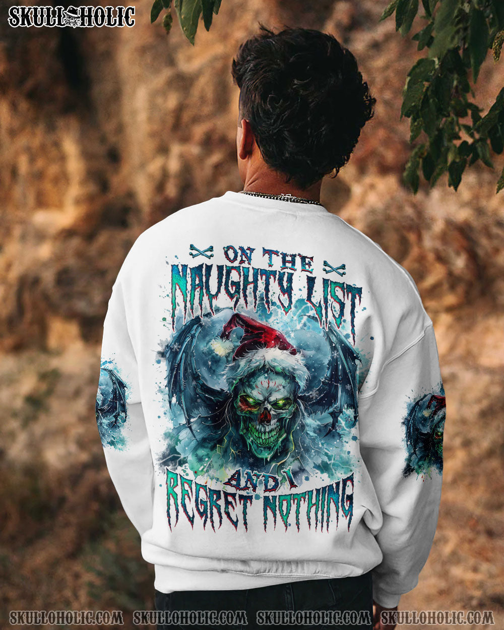 BLISSCORNERS ON THE NAUGHTY LIST SKULL WINGS CHRISTMAS ALL OVER PRINT