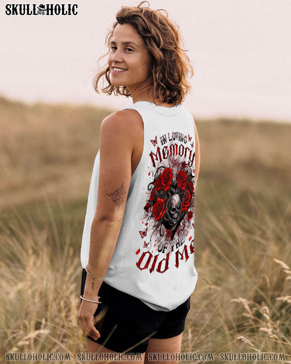 BLISSCORNERS IN LOVING MEMORY OF THE OLD ME ROSE SKULL ALL OVER PRINT