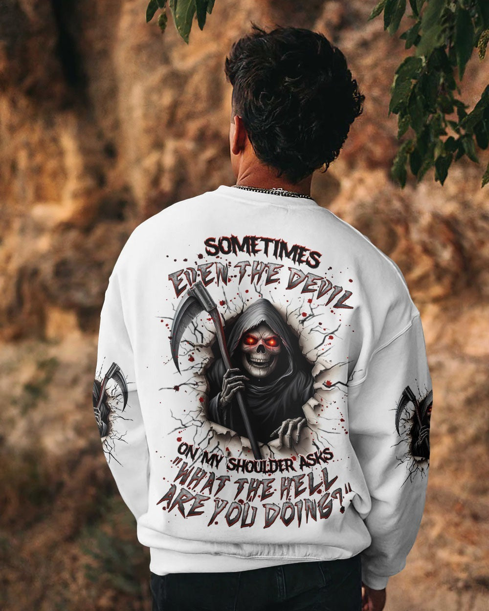 BLISSCORNERS SOMETIMES EVEN THE DEVIL REAPER SKULL ALL OVER PRINT