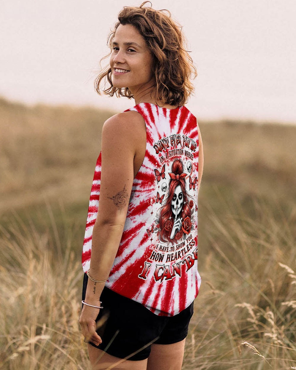 BLISSCORNERS HOW HEARTLESS I CAN BE SKULL MESSY BUN ALL OVER PRINT
