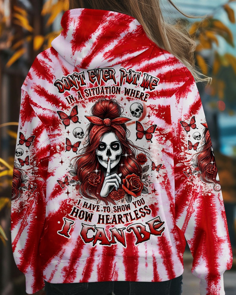 BLISSCORNERS HOW HEARTLESS I CAN BE SKULL MESSY BUN ALL OVER PRINT