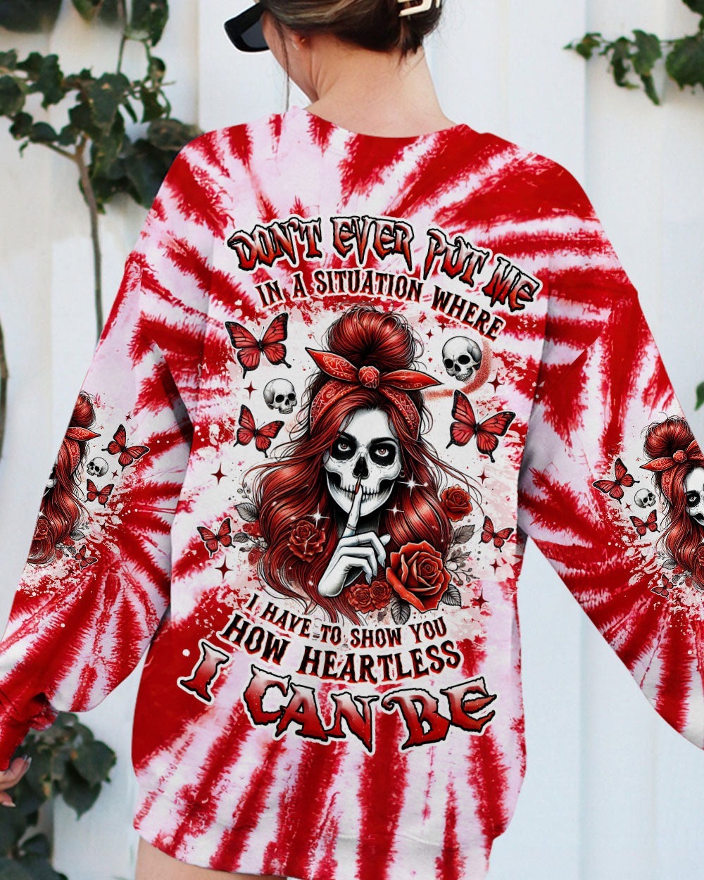 BLISSCORNERS HOW HEARTLESS I CAN BE SKULL MESSY BUN ALL OVER PRINT